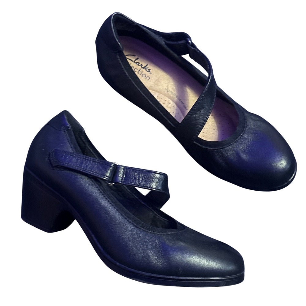 Clarks Emily2 Mabel Black Leather Mary Jane Block Heel Pumps Wide Womens 8.5W
